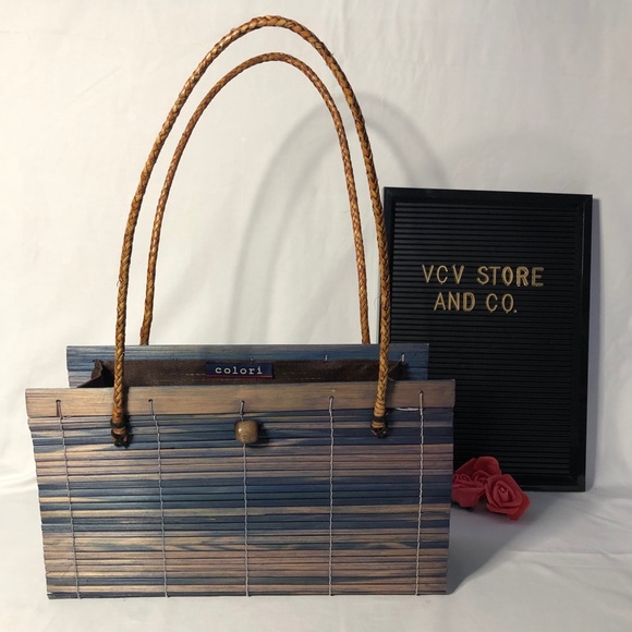 NWOT Colori Blue Wooden Bamboo Purse - Picture 2 of 13